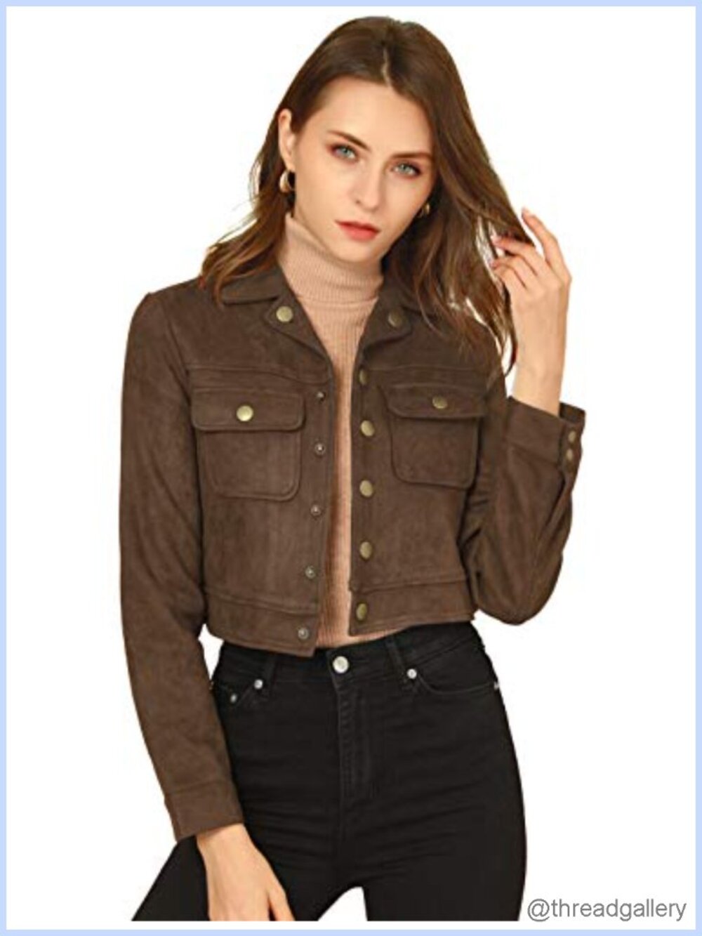 Faux Suede Crop Jacket Button Down Notched Collar Casual Coat